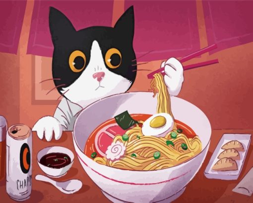 Cute Cat Eating Noodles Paint by numbers