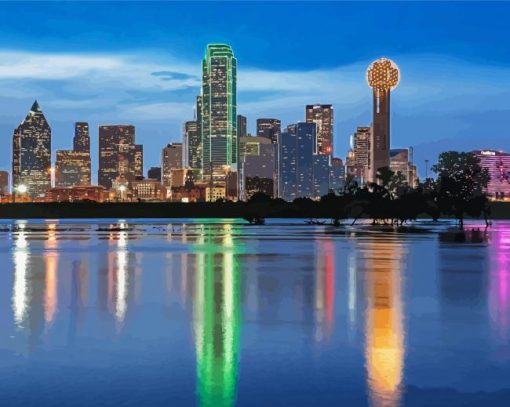 Dallas Skyline Reflection In Water Paint By Number