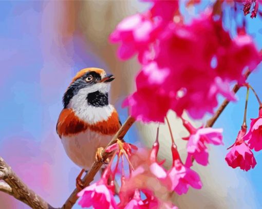 Long Tailed Tit On A Flower Tree Paint By Number