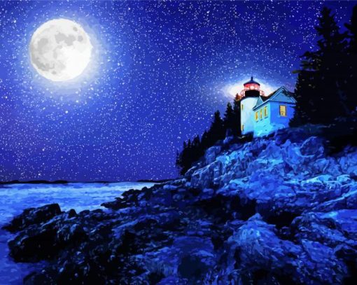 Moonlight Bass Harbor Lighthouse Paint By Number