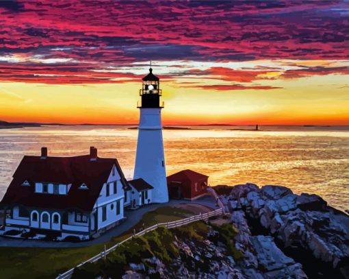 Portland Lighthouse Sunset Sky Paint By Number