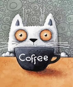 White Cat And Coffee Cup Paint By Number