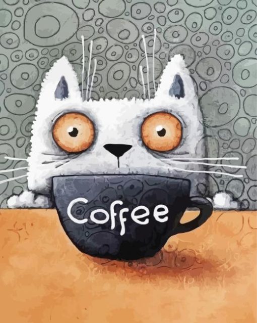 White Cat And Coffee Cup Paint By Number