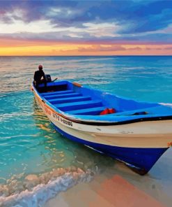 Boat In Beach With Sunset Seascape Paint By Number