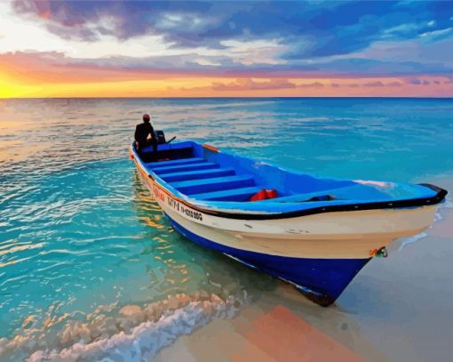 Boat In Beach With Sunset Seascape Paint By Number