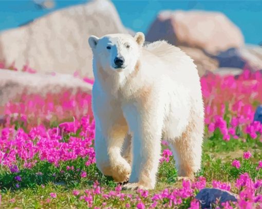 Cute Polar Bear In Flowers Field Paint By Number