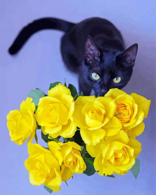 Beautiful Black Cats And Flowers Paint By Number