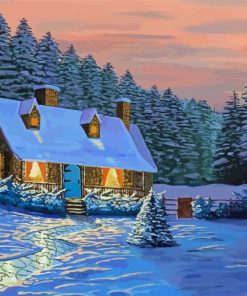 Cottage House In Frozen Forest Paint By Number