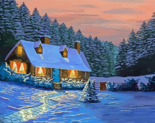 Cottage House In Frozen Forest Paint By Number