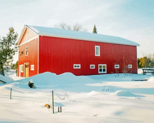 Red Barn With Snow Paint By Numbers